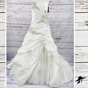 Demetrios ivory ruched beaded train drop waist